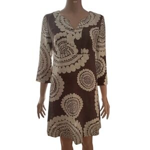 Boden Brown White Linen Shift Dress UK 12 US 8 Mandala Print Side Zip 3/4 Sleeve